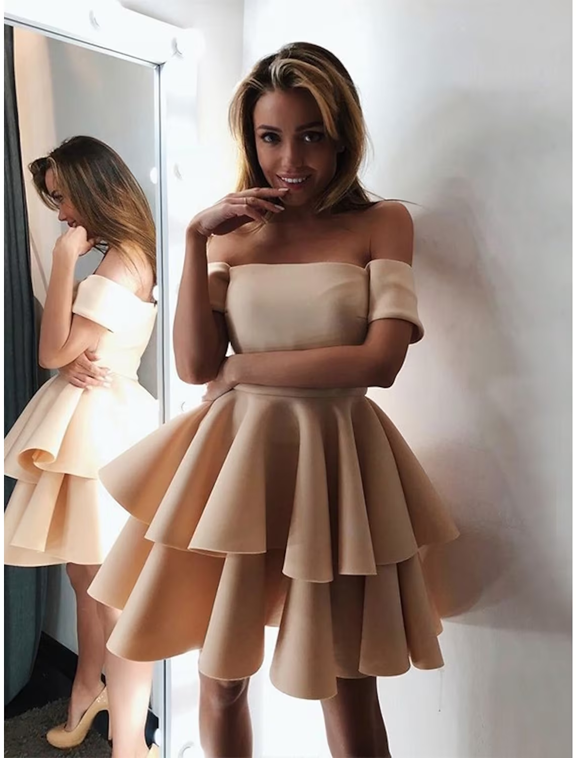 A-Line Cocktail Dresses Minimalist Dress Engagement Knee Length Short Sleeve Off Shoulder Satin