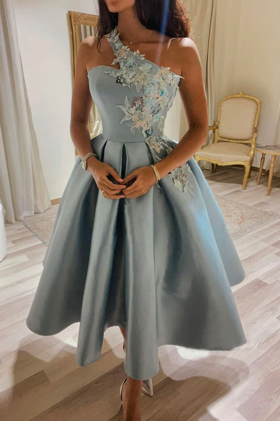 Cute One Shoulder Satin Lace Short Prom Dress A-Line Party Dress Sexy