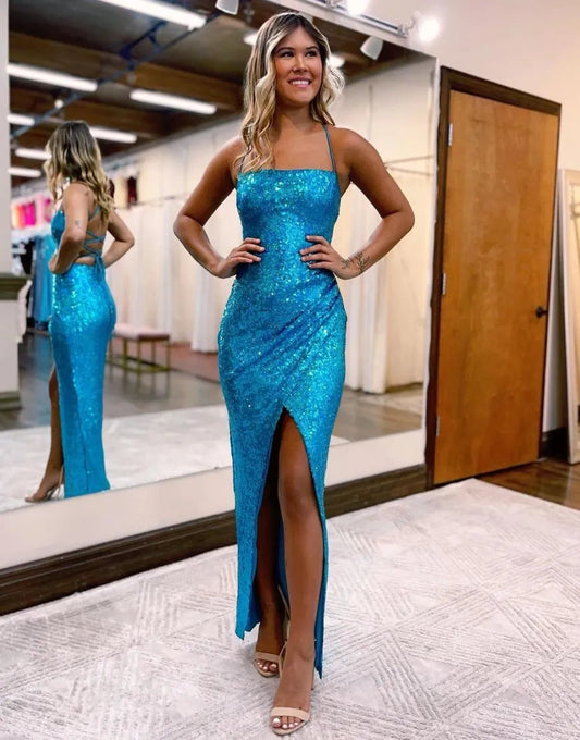 Straps Corset Back Sequin Prom Dress With Front Split Sexy Sparkly