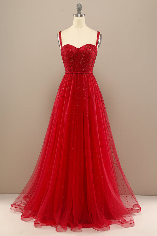 Red A Line Sweetheart Tulle Long Prom Dress with Beading Sparkly