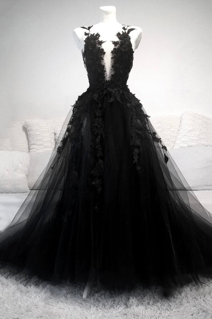Black Tulle Long Prom Dresses A-Line Lace Evening Party Dresses Sexy