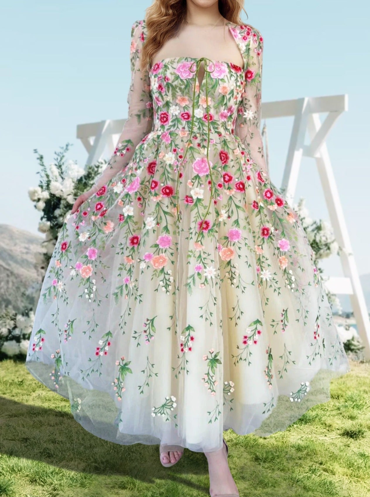 A-Line/Princess Off Shoulder Long Formal Prom Floral Dresses With Flowers