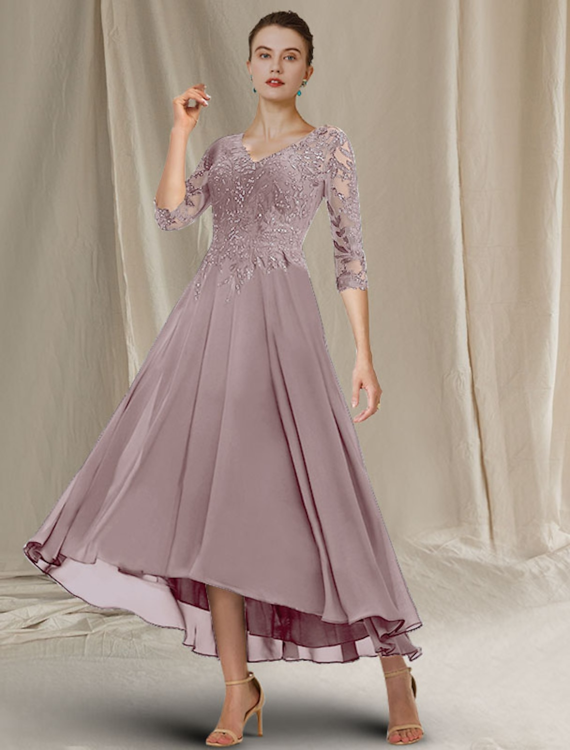 A-Line Mother of the Bride Dress Elegant Sparkle & Shine High Low V Neck Asymmetrical Tea Length Chiffon Lace Half Sleeve with Sequin Ruffles