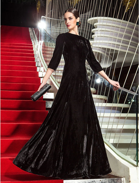 A-Line Celebrity Style Dress Wedding Guest Floor Length 3/4 Length Sleeve Jewel Neck Velvet