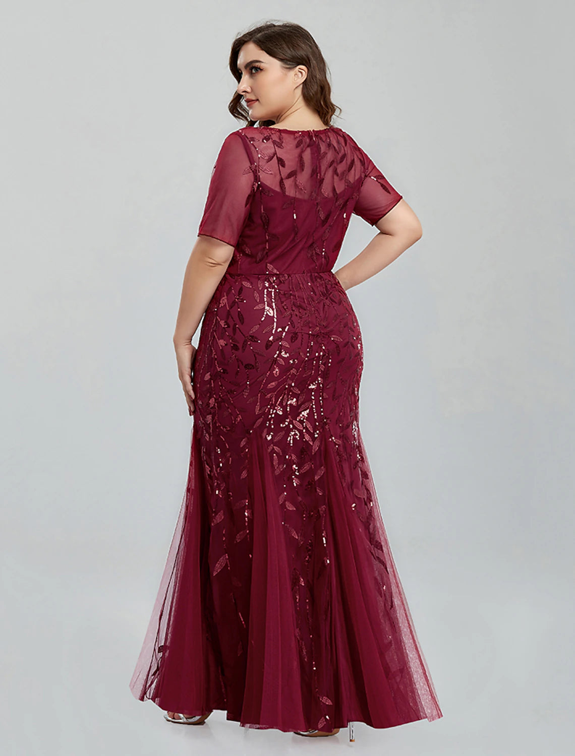 Mermaid / Trumpet Evening Gown Empire Dress Homecoming Floor Length Short Sleeve Jewel Neck Tulle Plus Size