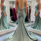 Mermaid Spaghetti Straps Green Long Prom Dress with Lace Open Back