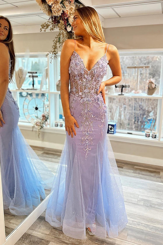 Mermaid Spaghetti Straps Lilac Corset Prom Dress with Beading Sexy