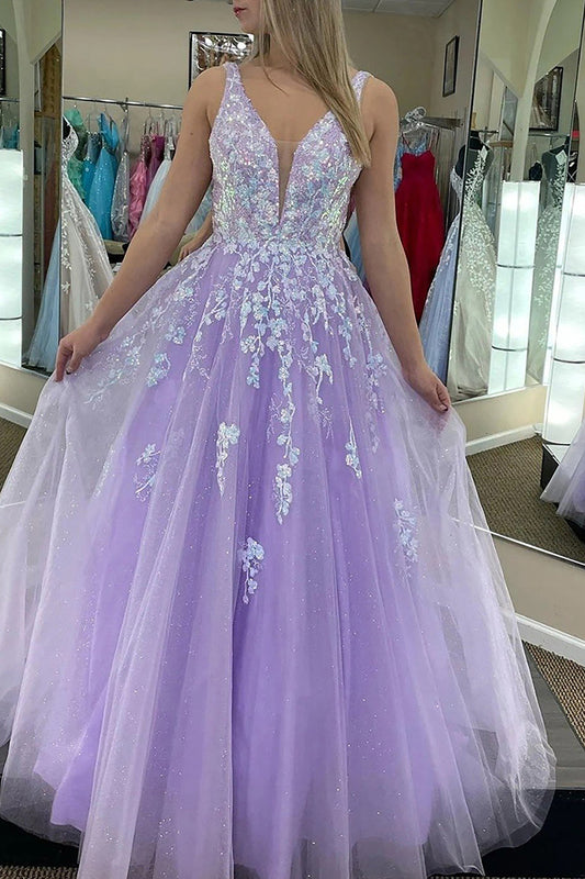 Spaghetti Straps A Line Lilac Sparkly Prom Dress with Appliques Open Back