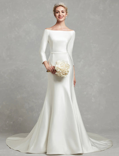 Simple Wedding Dresses Mermaid / Trumpet Off Shoulder 3/4 Length Sleeve Chapel Train Satin Bridal Gowns With Pleats