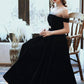 Cute Velvet A-Line Tea Length Prom Dresses Black Party Dresses Off Shoulder