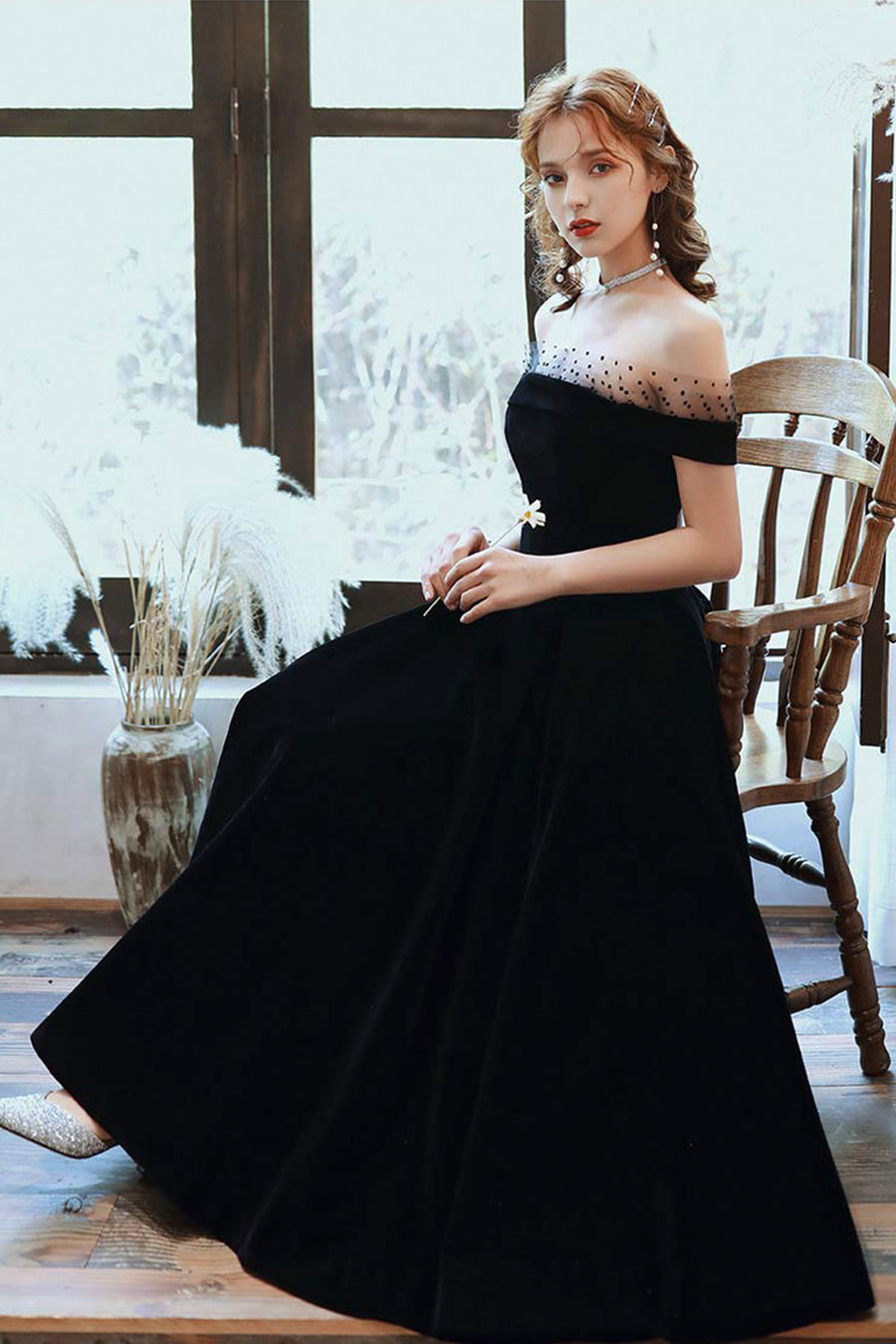 Cute Velvet A-Line Tea Length Prom Dresses Black Party Dresses Off Shoulder