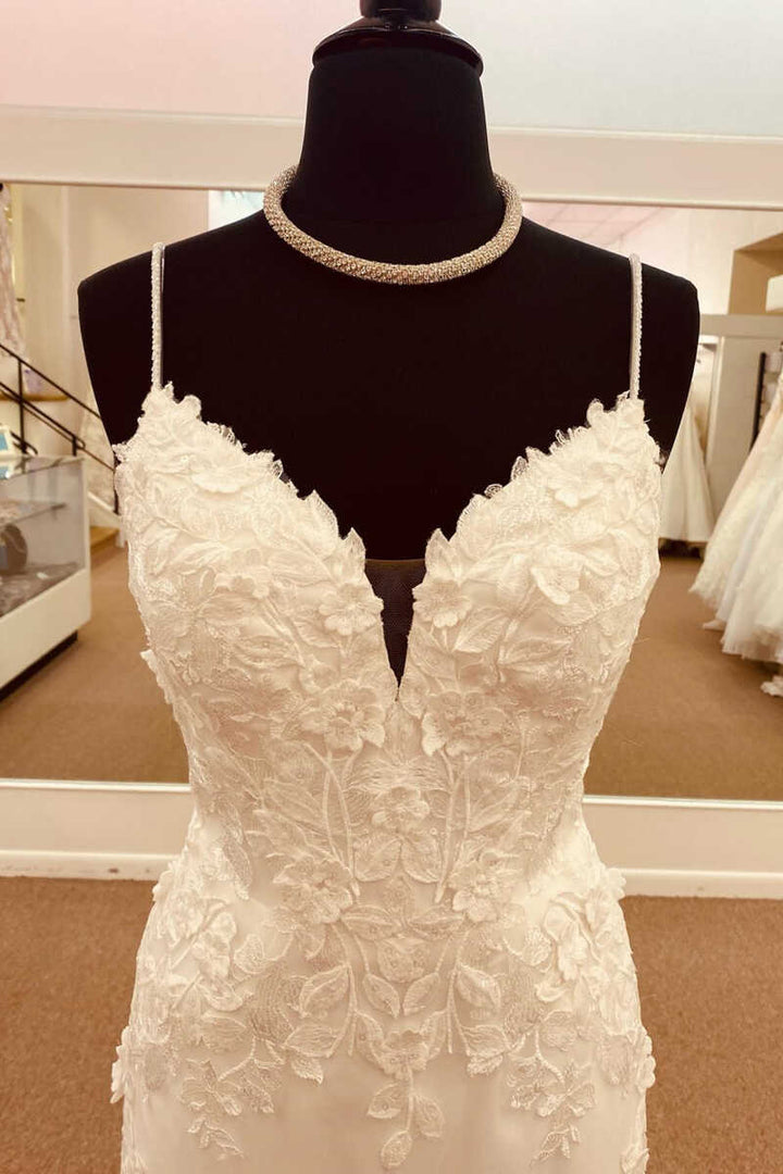 White Lace Straps Backless Trumpet Long Wedding Dress Sexy