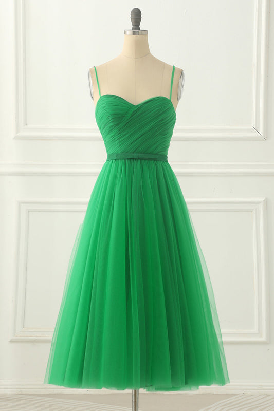 Green Spaghetti Straps Tulle Prom Dress With Sash Pure Color