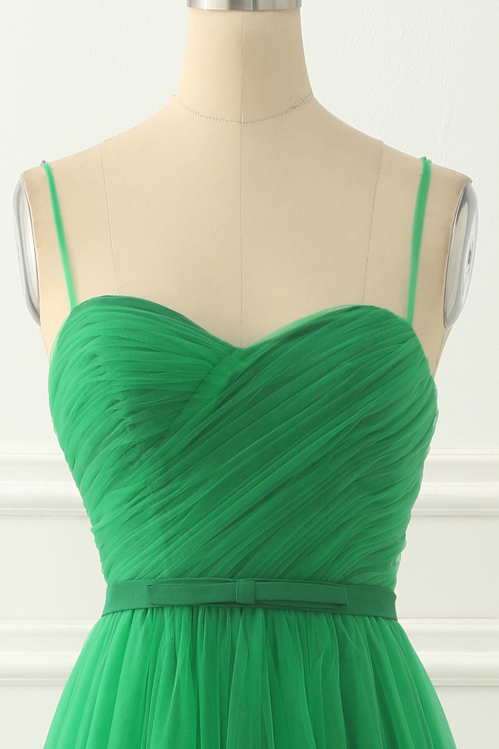 Green Spaghetti Straps Tulle Prom Dress With Sash Pure Color