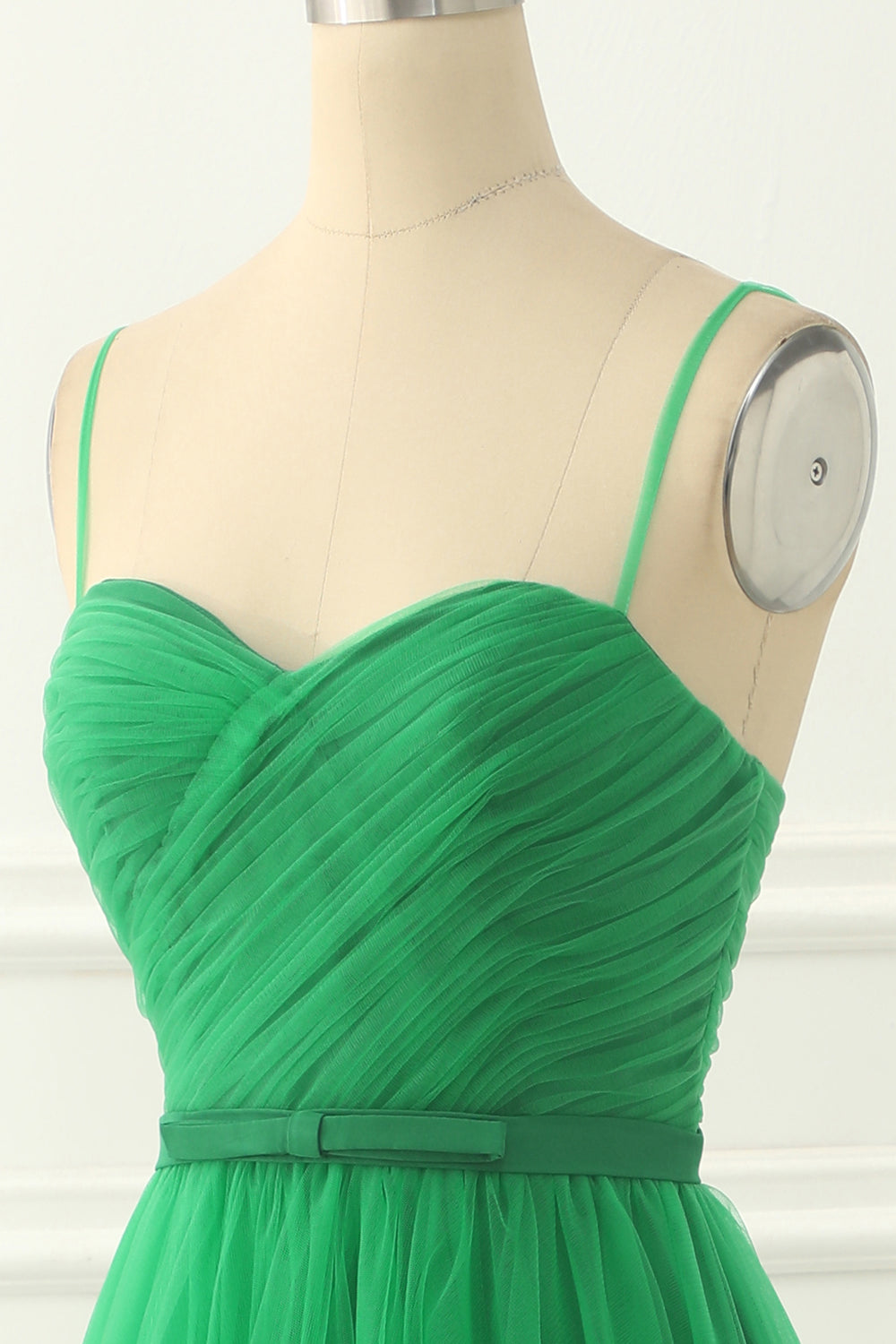 Green Spaghetti Straps Tulle Prom Dress With Sash Pure Color