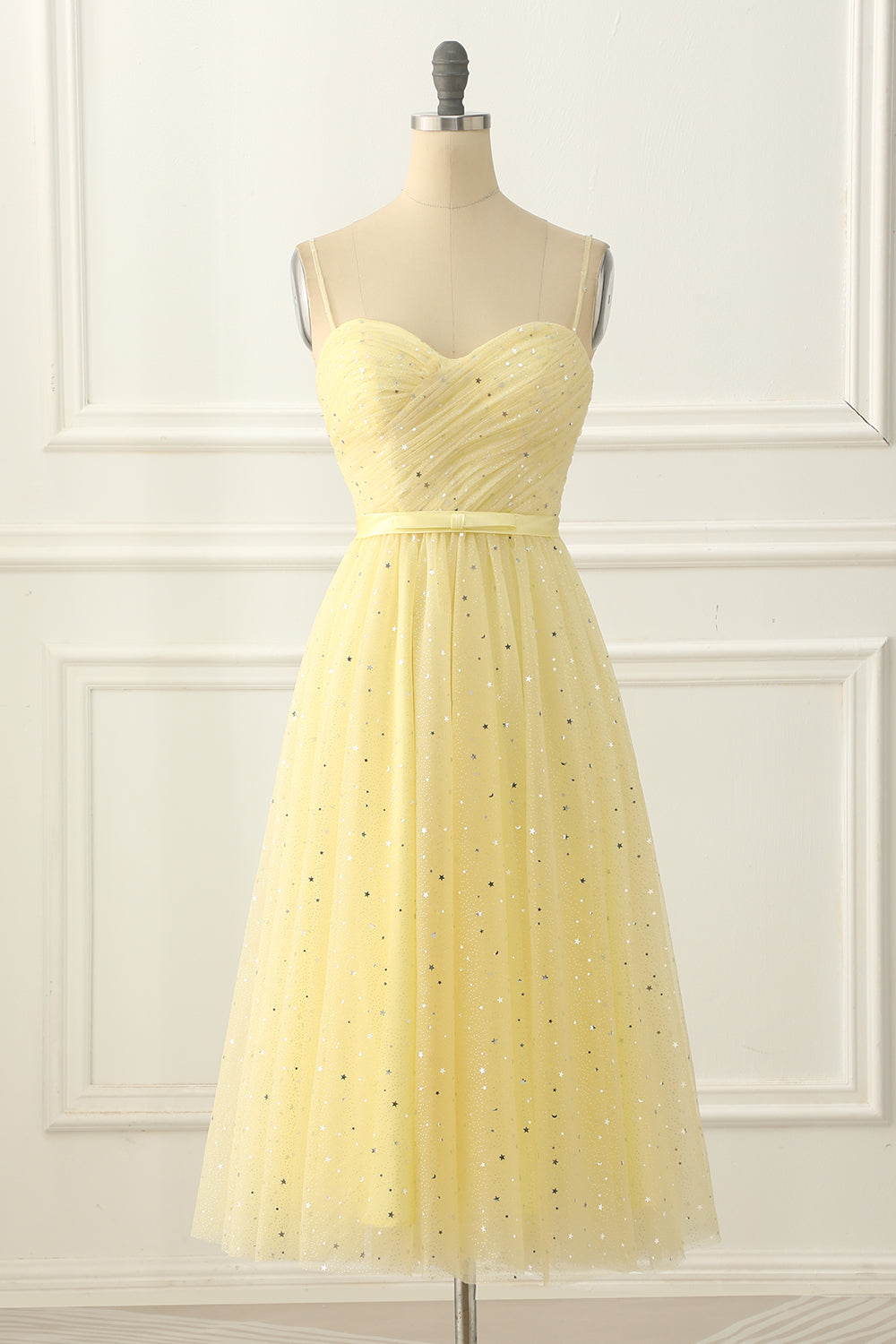 Yellow Tulle Spaghetti Straps Midi Sparkly Prom Dress Short