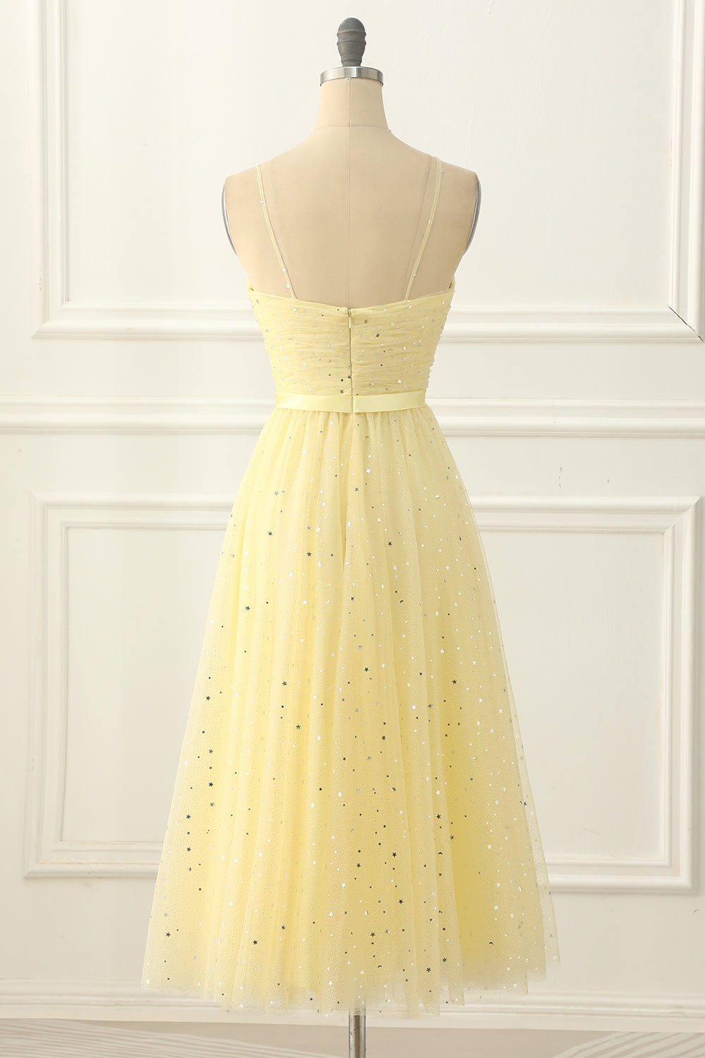 Yellow Tulle Spaghetti Straps Midi Sparkly Prom Dress Short