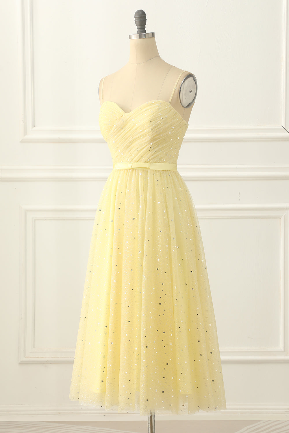 Yellow Tulle Spaghetti Straps Midi Sparkly Prom Dress Short