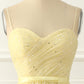 Yellow Tulle Spaghetti Straps Midi Sparkly Prom Dress Short