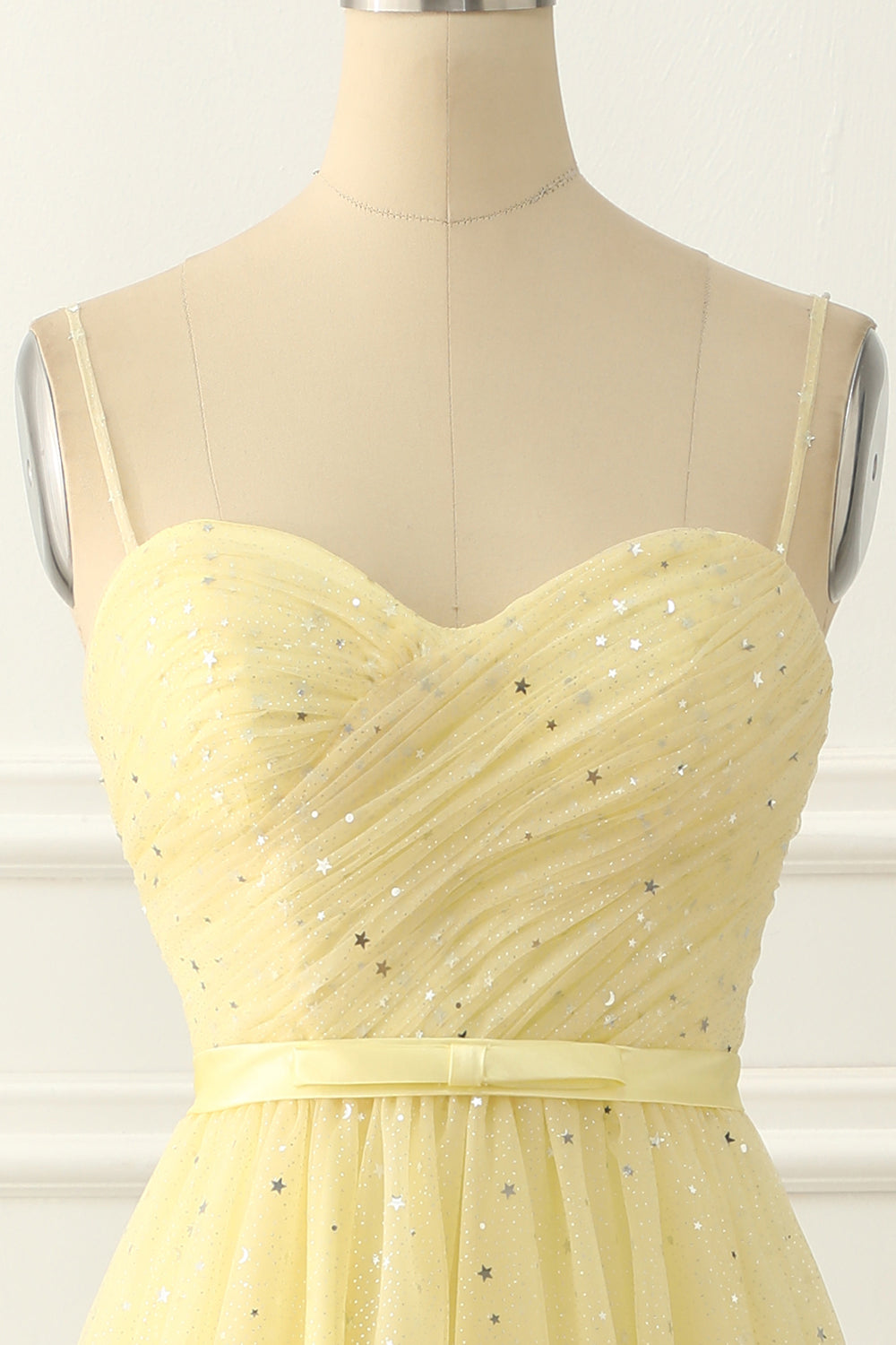 Yellow Tulle Spaghetti Straps Midi Sparkly Prom Dress Short