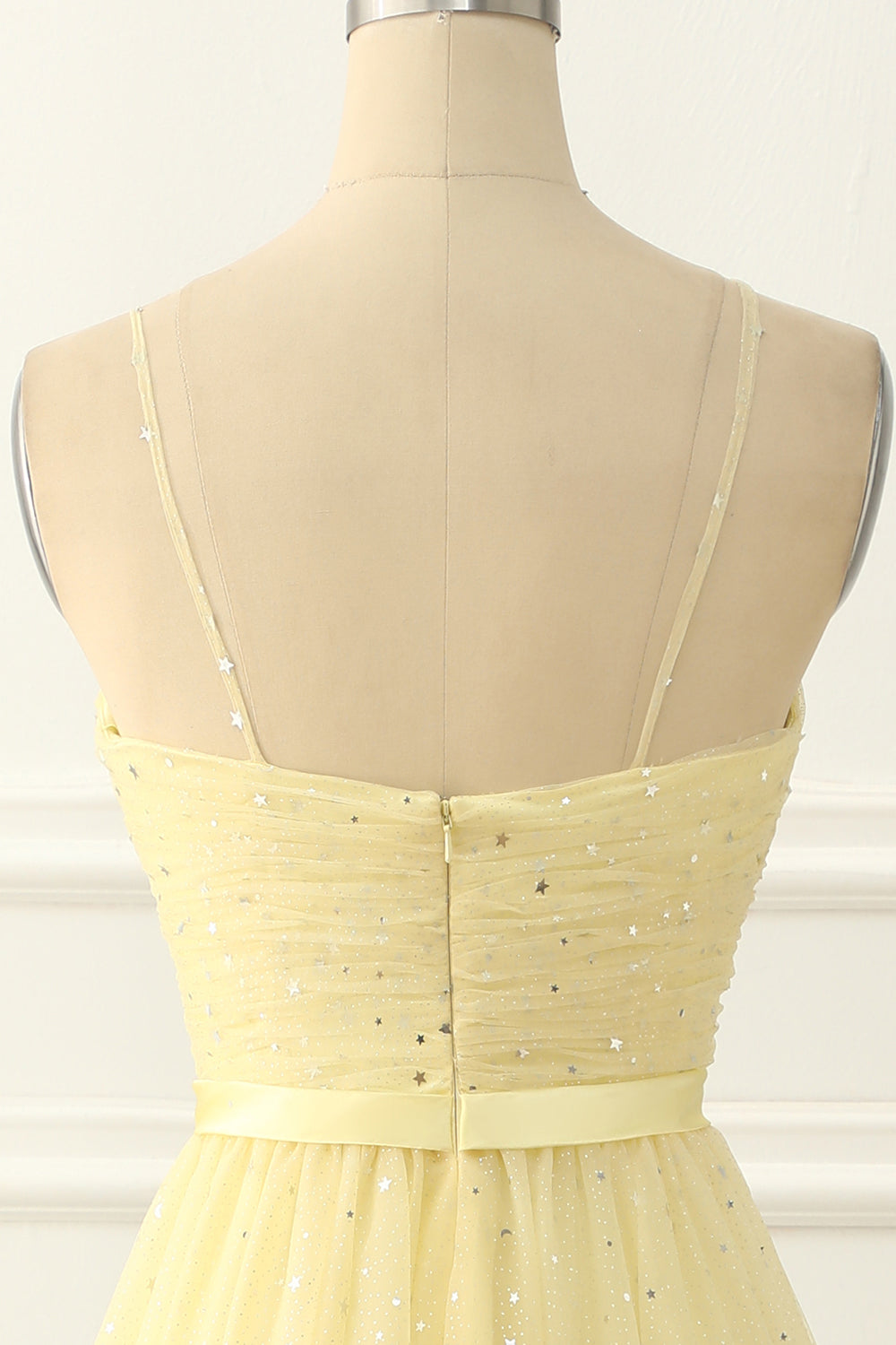 Yellow Tulle Spaghetti Straps Midi Sparkly Prom Dress Short