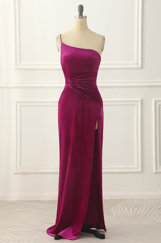 Velvet One Shoulder Prom Dress With Slit Pure Color Sexy