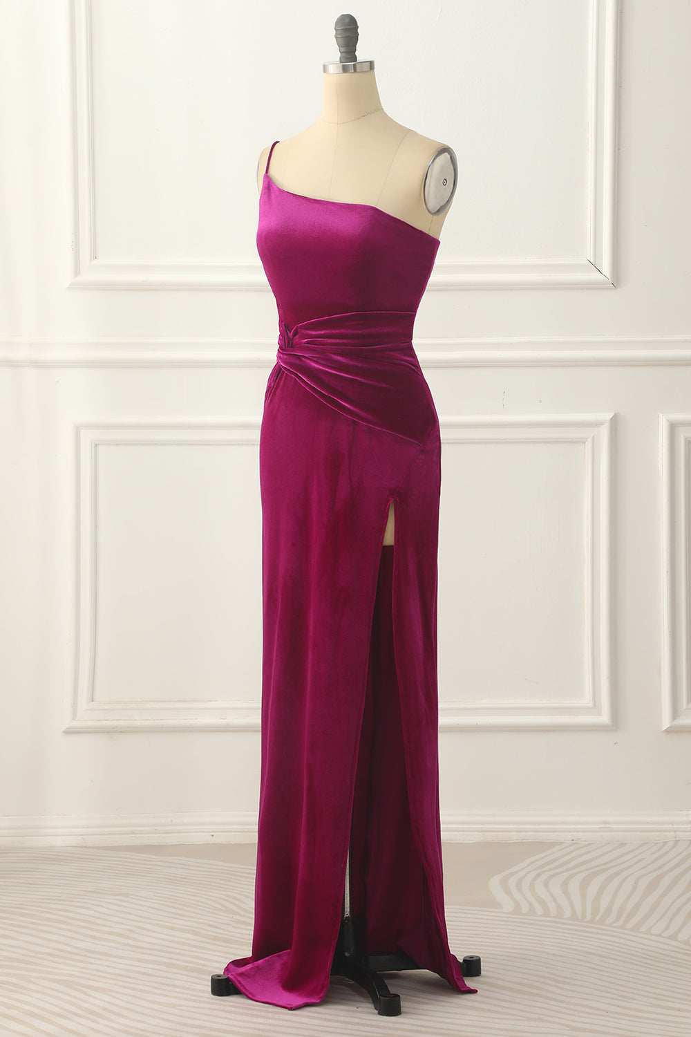 Velvet One Shoulder Prom Dress With Slit Pure Color Sexy