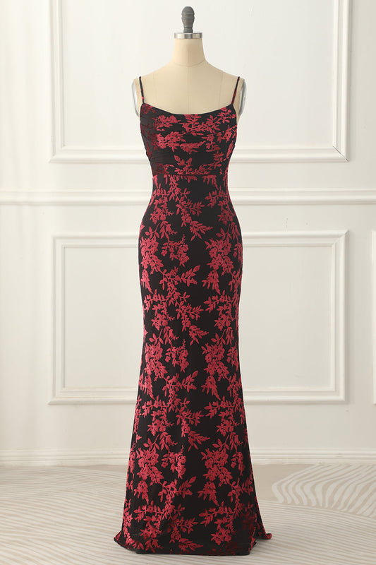 Burgundy Sheath Floral Burnout Velvet Prom Dress Long