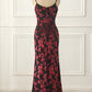 Burgundy Sheath Floral Burnout Velvet Prom Dress Long