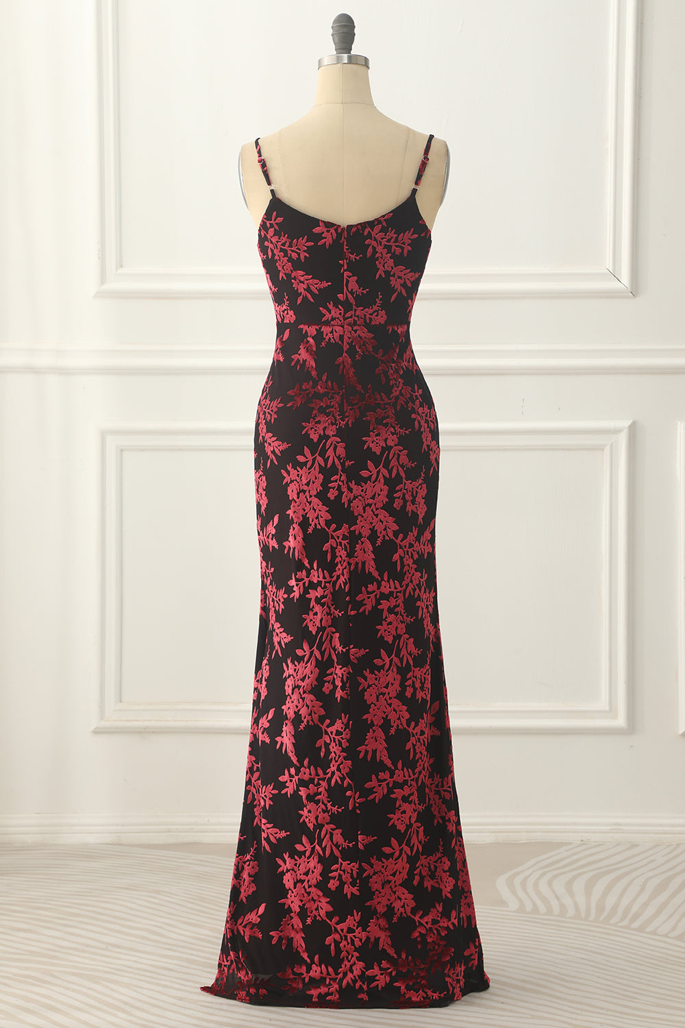 Burgundy Sheath Floral Burnout Velvet Prom Dress Long