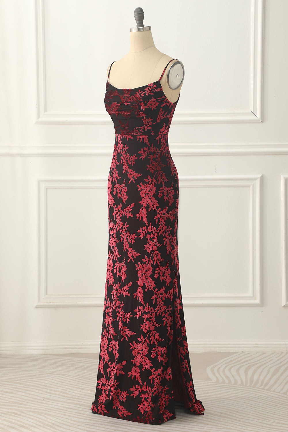 Burgundy Sheath Floral Burnout Velvet Prom Dress Long