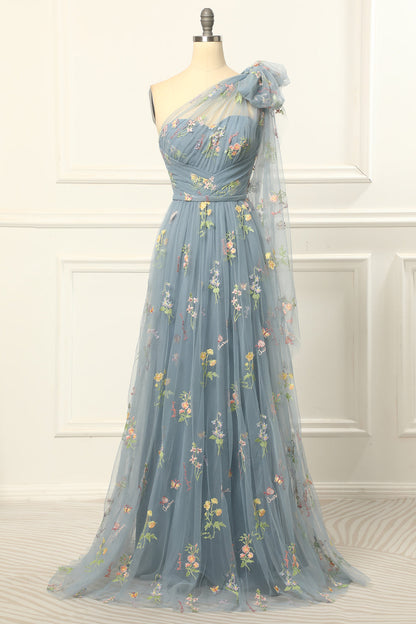 One Shoulder Tulle Blue Prom Dress With Embroidery Long Sexy