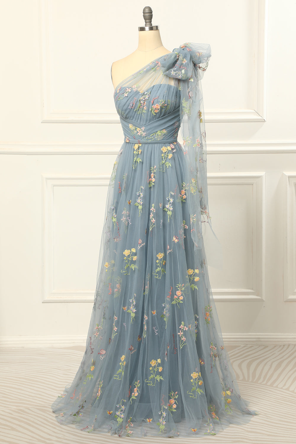 One Shoulder Tulle Blue Prom Dress With Embroidery Long Sexy