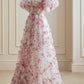 A Line Sweetheart Ruffles Sweep Train Floral Printed Chiffon Prom Dresses Beautiful