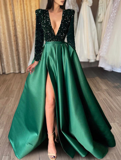 A-Line/Princess V-Neck Long Prom Dresses With Split Side & Sequins Sparkly