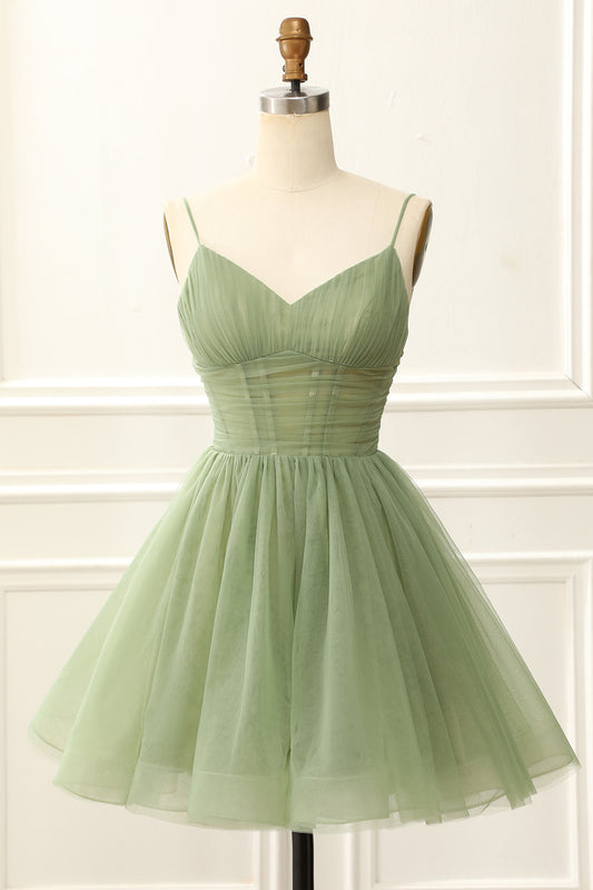 A Line Tulle Corset Sage Green Homecoming Dress Short