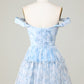 Cute A Line Off The Shoulder Blue Printed Short Homecoming Dress With Ruffles Short