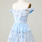 Cute A Line Off The Shoulder Blue Printed Short Homecoming Dress With Ruffles Short