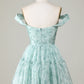 Cute A Line Off The Shoulder Blue Printed Short Homecoming Dress With Ruffles Short