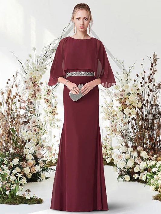 Sheath / Column Minimalist Elegant Engagement Formal Evening Dress Jewel Neck Half Sleeve Floor Length Chiffon with Sash