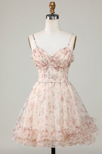 A-Line Corset Floral Short Homecoming Dress With Flowers