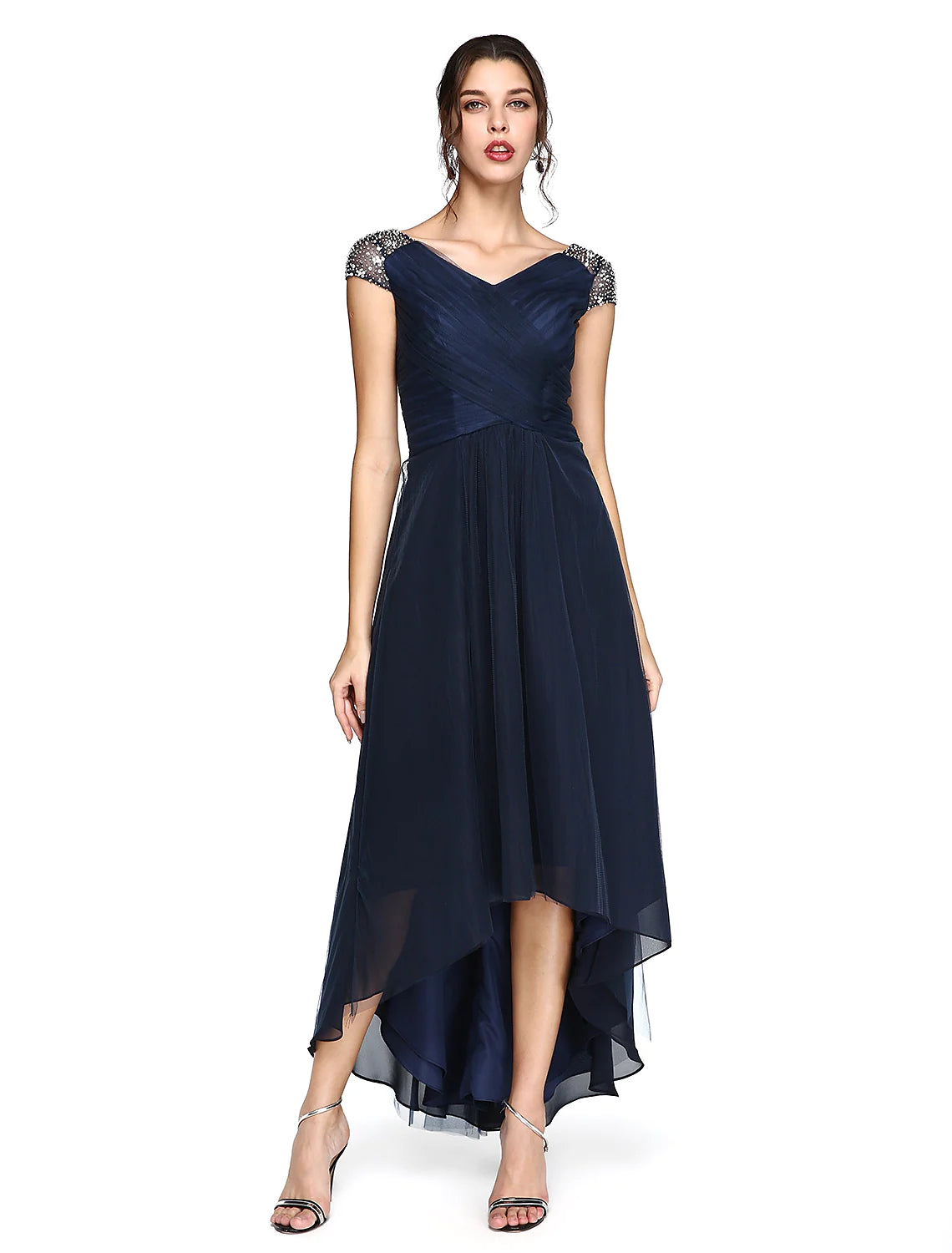 Sheath / Column Minimalist Dress Wedding Guest Asymmetrical Short Sleeve V Neck Tulle V Back with Criss Cross Pleats