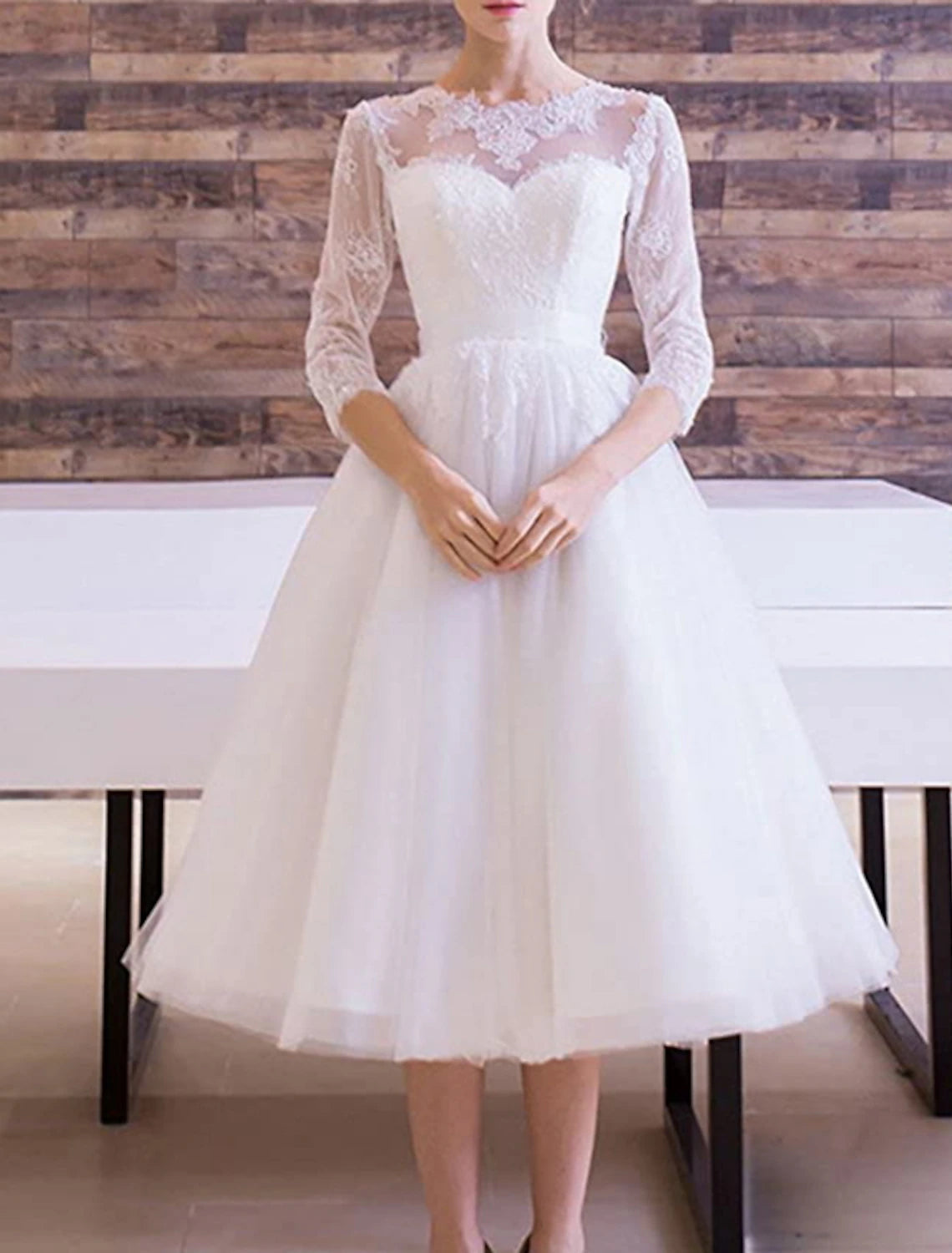 Bridal Shower Vintage Simple Wedding Dresses A-Line Scoop Neck Half Sleeve Knee Length Tulle Bridal Gowns