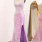 Light Purple Sequined Mermaid Long Corset Prom Dress With Slit Sparkly