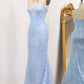 Light Blue Mermaid Spaghetti Straps Long Corset Prom Dress Sexy