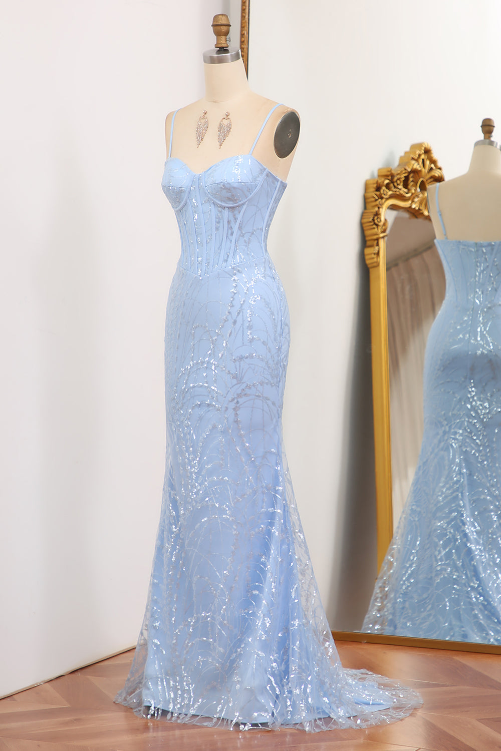 Light Blue Mermaid Spaghetti Straps Long Corset Prom Dress Sexy