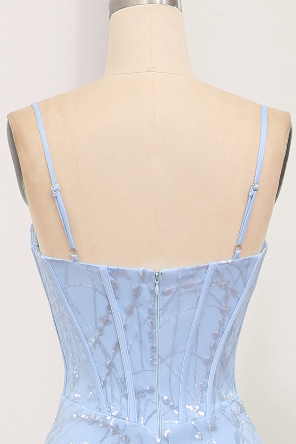 Light Blue Mermaid Spaghetti Straps Long Corset Prom Dress Sexy