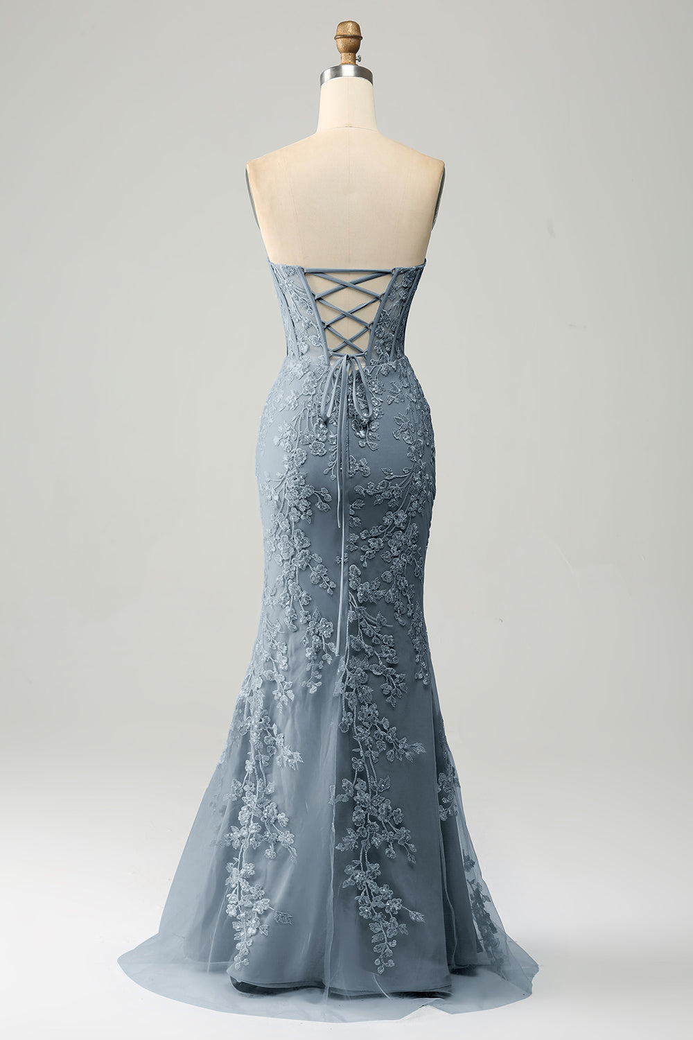 Mermaid Grey Blue Sweetheart Corset Appliques Prom Dress With Side Slit Off Shoulder