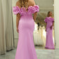 Pink Mermaid Floral Off the Shoulder Long Prom Dress With Slit Sexy