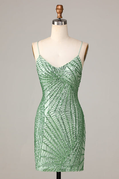 Sheath Spaghetti Straps Green Sequins Short Homecoming Dress With Criss Cross Back Sparkly